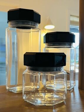 Set of Three Vintage Arcoroc France Octime Clear Glass Canisters with Black Lids